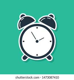 Blue Alarm clock icon isolated on green background. Wake up, get up concept. Time sign.  Vector Illustration