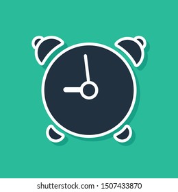 Blue Alarm clock icon isolated on green background. Wake up, get up concept. Time sign.  Vector Illustration