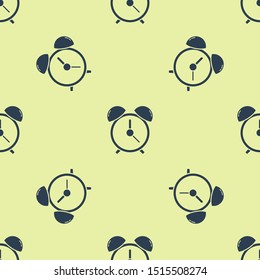 Blue Alarm clock icon isolated seamless pattern on yellow background. Wake up, get up concept. Time sign.  Vector Illustration