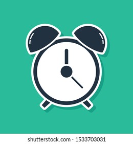 Blue Alarm clock icon isolated on green background. Wake up, get up concept. Time sign.  Vector Illustration