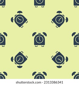 Blue Alarm clock icon isolated seamless pattern on yellow background. Wake up, get up concept. Time sign.  Vector