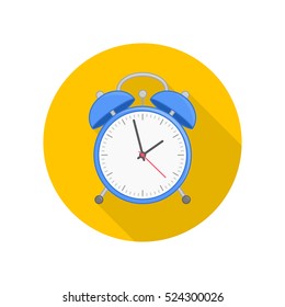 Blue alarm clock icon with long shadow. Modern flat design style. Alarm Clock symbol. 