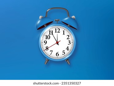 Reloj de alarma azul sobre fondo azul. Reloj de alarma de sonido vintage de vectores metálicos sobre fondo azul brillante. Diseño moderno 3d de renderización. Vector