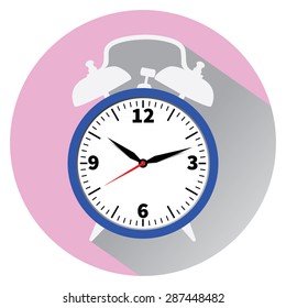 Blue alarm clock on pink background, with shadow. Flat style.