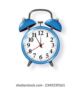 Blue alarm clock on white background. Vector metal vintage ringing alarm clock on bright white background. Modern design 3d rendering. Vector illustration