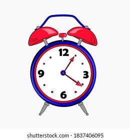 Blue alarm clock with red inserts in a comic style, time to get up, vector illustration on a white background