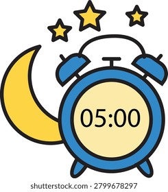 Blue Alarm Clock Ringing At 5 AM With Crescent Moon And Stars