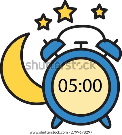Blue Alarm Clock Ringing At 5 AM With Crescent Moon And Stars