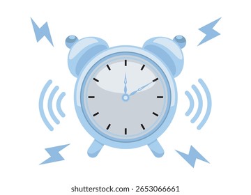 Zumbido de alarme azul com linhas de movimento e raios, estilo gráfico plano, isolado no fundo branco. Conceito de tempo, urgência e despertar. Ilustração vetorial