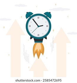 Blue alarm clock rocket ship take off, fast flight. Freelancer, designer, writer job. Fast time stop watch, limited offer, deadline symbol. Time management, deadline concept. flat vector illustration