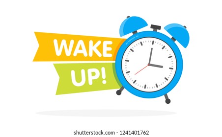 Blue Alarm clock with sign wake-up time isolated on background in flat style. Vector illustration.