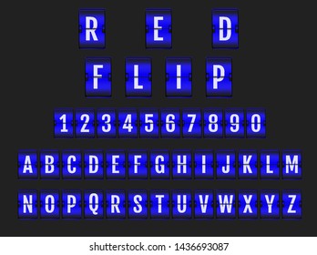 Número de reloj y letras del calendario digital de la cuenta regresiva de alarma azul. Alfabeto vectorial, fuente, símbolos de llegada de la placa del aeropuerto.