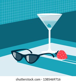 Blue alcohol cocktail, sunglasses, strawberry illustration on the border of swimming pool. Retro poster concept of summer pool party. Martini for restaurant on vintage background. 