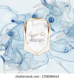 Blue Alcohol ink banner with geometric marble frames and leaves. Trendy template for wedding invitation, card, flyer, poster, greeting.

