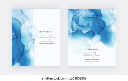 Blue alcohol ink cards. Abstract hand painted background. Fluid art painting design. Trendy template for banner, flyer, wedding invitation, product package
