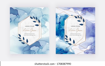 Blue Alcohol ink cards with geometric marble frames and leaves. Trendy template for wedding invitation, banner, flyer, poster, greeting.
