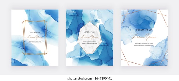 Blue alcohol ink cards with marble and gold polygonal frames. Abstract hand painted background. Fluid art painting design. Trendy template for banner, flyer, wedding invitation
