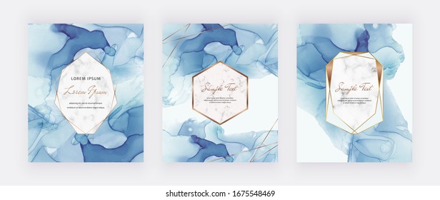 Blue alcohol ink cards with marble and gold polygonal frames. Abstract hand painted background. Fluid art painting design. Trendy template for banner, flyer, wedding invitation
