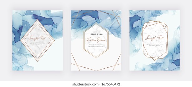 Blue alcohol ink cards with marble and gold polygonal frames. Abstract hand painted background. Fluid art painting design. Trendy template for banner, flyer, wedding invitation
