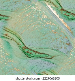 Blauer Alkohol-Tinte Marmor. goldener orientalischer Hintergrund. Die Farbe des grünen Wassers wiederholt sich. Luxuriöse abstrakte Wiederholung Wand nahtlose Glitter. Die Farbe des hellen Marmor-Wassers. Goldfarbenboden. violetter alkoholhaltiger Hintergrund.