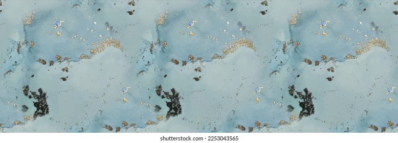 Blue Alcohol Ink Marble. Golden Vector Ink Marble. Foil Art Paint. Light Seamless Background. Foil Seamless Watercolor. Metal Watercolor Pattern. Gold Marble Background. Vector Abstract Ink Template