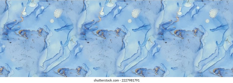Blue Alcohol Ink Marble. Luxury Seamless Template. Foil Marble Watercolor. Golden Water Color Canvas. Shiny Vector Ink Watercolor. Gold Ink Paint. Light Seamless Texture. Blue Oriental Background.