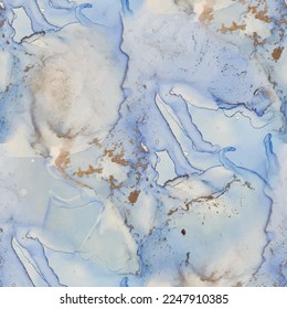 Marbre D'Encre D'Alcool Bleu. Répétez L'Encre Vectorielle En Métal. Foil Abstract Aquarelle. Toile à l'aquarelle dorée. Arrière-Plan marbre à l'huile. Image vectorielle Aquarelle Harmonieuse. Peinture à encre dorée. Modèle Art Harmonieux De Luxe