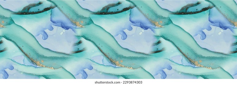 Blue Alcohol Ink Marble. Metal Water Color Watercolor. Green Marble Background. Vector Abstract Template. Luxury Water Color Marble. Vector Seamless Glitter. Foil Ink Paint. Gold Gradient Watercolor.