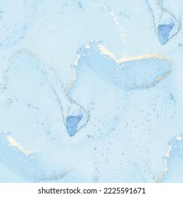Blue Alcohol Ink Marble. Shiny Watercolor Glitter. Gold Oriental Watercolor. Gold Art Paint. Luxury Vector Ink Canvas. Fluid Elegant Background. Foil Marble Background. Luxury Seamless Ink Painting