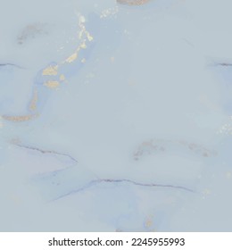 Blue Alcohol Ink Marble. Shiny Watercolor Repeat. Light Seamless Background. Blue Gradient Background. Gold Marble Watercolor. Luxury Vector Ink Canvas. Foil Art Paint. Vector Seamless Ink Template