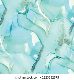 Blue Alcohol Ink Marble. Vector Abstract Painting. Golden Water Color Canvas. Green Seamless Background. Shiny Water Color Watercolor. Gold Marble Watercolor. Foil Art Paint. Fluid Seamless Texture.