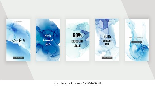 Blue alcohol ink social media stories banners. Modern design 