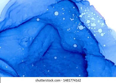Blue alcohol ink wash vector texture. Hand drawn ultramarine and white splashes, blots drawing. Splattered watercolor abstract background. Realistic paint drops and shades effect wallpaper