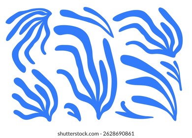 Blue algae in Matisse style, abstract plant shapes, groovy geometric. Vector organic banner on isolated background. Random pattern, collage figures for templates, stickers, promo design, Web, decor