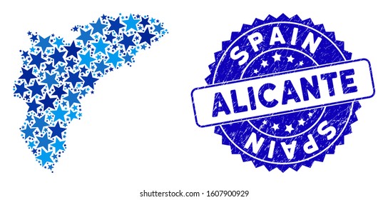 Blue Alicante Province map composition of stars, and grunge round seal. Abstract geographic scheme in blue color tinges. Vector Alicante Province map is designed of blue stars.