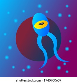 blue alien with a bright orange eye and tentacles, the cartoon character looks like a fantastic clam against the background of a mysterious planet and stars in the night sky concept of fiction