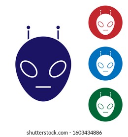 Blue Alien icon isolated on white background. Extraterrestrial alien face or head symbol. Set color icons in circle buttons. Vector Illustration