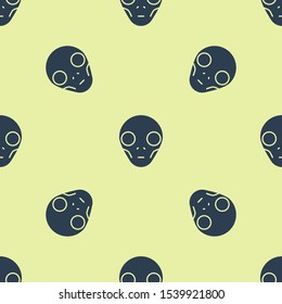 Blue Alien icon isolated seamless pattern on yellow background. Extraterrestrial alien face or head symbol.  Vector Illustration
