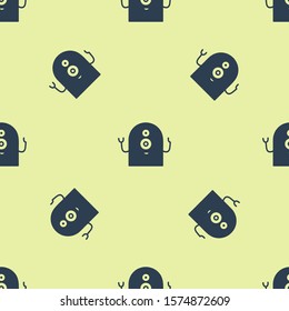 Blue Alien icon isolated seamless pattern on yellow background. Extraterrestrial alien face or head symbol.  Vector Illustration