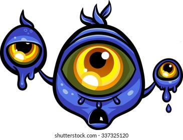 Blue alien monster from outer space with three bright yellow eyes. Earth invader from the future. Cartoon hero illustration. Vector creature isolated on white background.