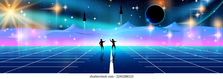 Blue alien planet vector concept illustration. Web banner, header design template