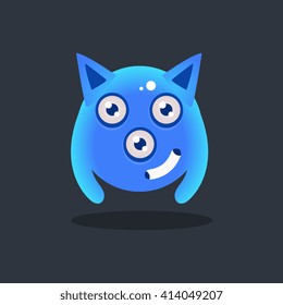 Blue Alien With Pointy Ears Cute Childish Flat Vector Bright Color Drawing Isolated On Dark Background