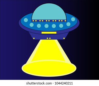 Blue alien spaceship with a ray of bright yellow light, space travel, flight, universe