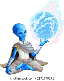 Blue alien and a sphere of energy. Vector isolated character