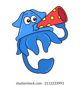 blue alien squid blowing the birthday trumpet, vector illustration art. doodle icon image kawaii.