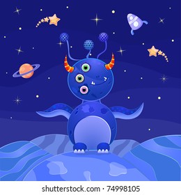 Blue Alien Standing on Planet in Open Space. Vector Illustration