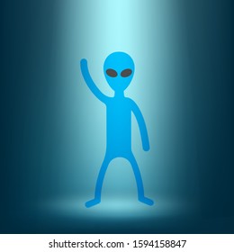 Blue alien stands in the rays of light and waves his hand. Vector illustration.