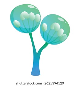 Blue alien tree growing upward with round leaves, isolated on a white background