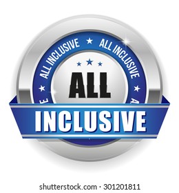 Blue all inclusive badge with silver border on white background