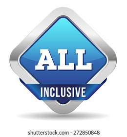 Blue all inclusive button with ribbon on white background